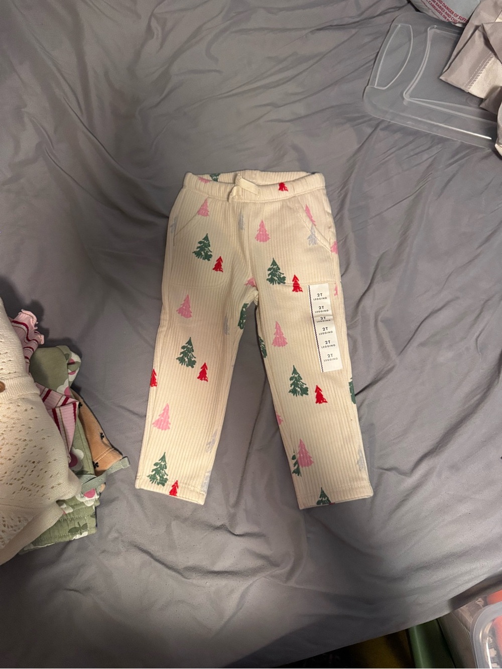 Cat and Jack Kids Cream Ribbed Pajama Leggings with Pink & Green Tree Print - Picture 2 of 2